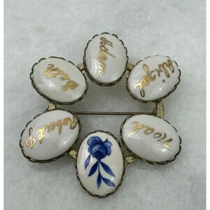 Vintage Hand Painted Porcelain Floral Brooch Scalloped Edges  2-1/8"